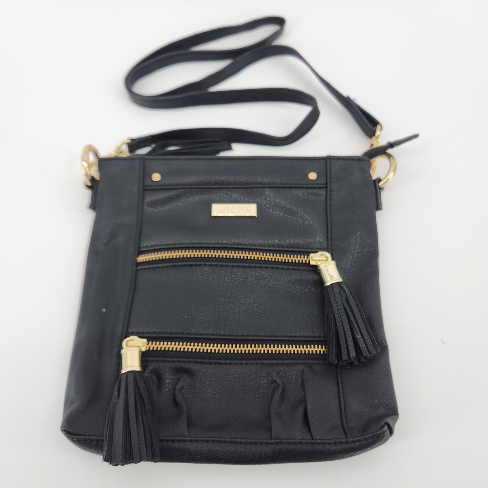 Miche Black‎ Faux Leather Crossbody Bag Gold Hardware Tassel Zipper Pockets